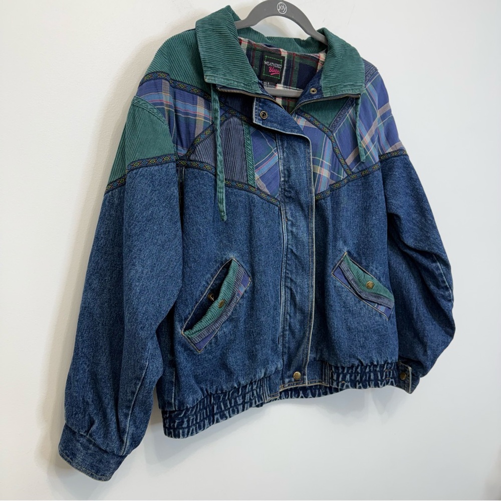 Weathered Blues Vintage Denim Bomber Jacket Mixed Media Flannel Lined Women’s S - Picture 5 of 15